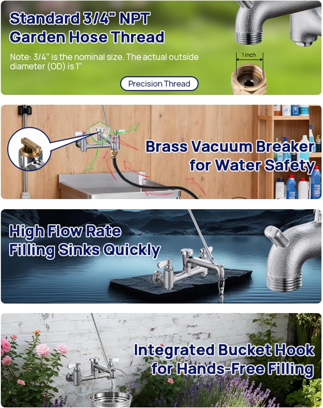 8 Center Commercial Mop Sink Faucet with Vacuum Breaker Wall Mount