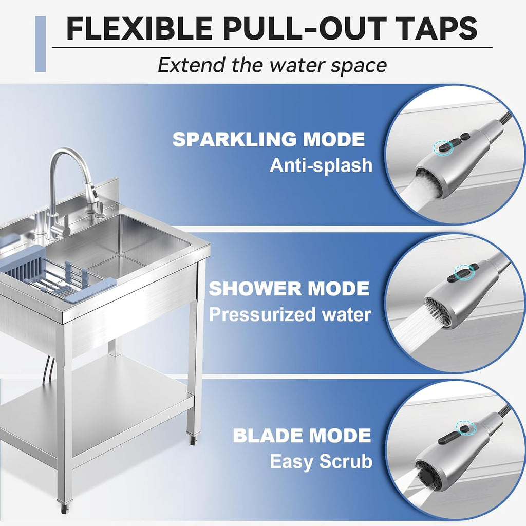 28" Commercial Stainless Steel Utility Sink, Single Bowl Freestanding Kitchen Sink with Hot & Cold Water Faucet, Drain Kit & Hoses for Restaurant