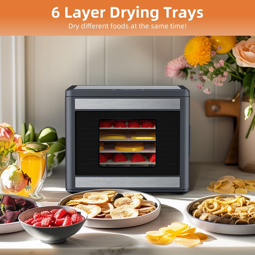 TINANA 6-Tray Stainless Steel Food Dehydrator with Touch Control, 95–158°F Adjustable Temperature, 48-Hour Timer, 360° Airflow, Dark Gray