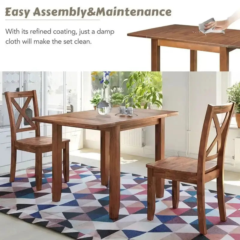 3-Piece Drop-Leaf Wood Dining Table Set With 2 X-Back Chairs - Brown