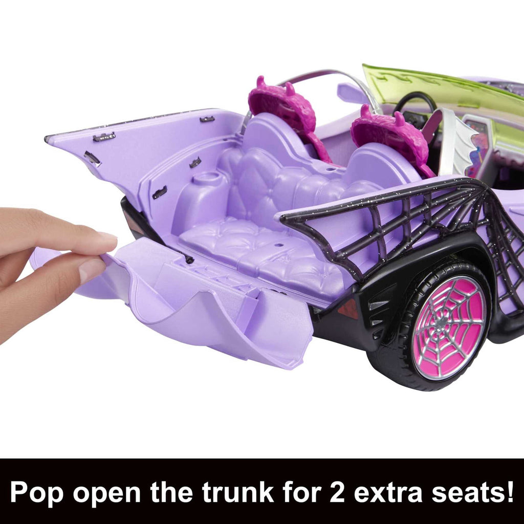 Monster High Ghoul Mobile Toy Car, Purple & Spiderweb Convertible with Pet, Seats 4 Dolls (Dolls Not Inluded)