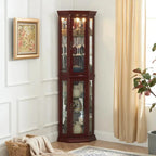 Corner Display Curio Cabinet With Tempered Glass Shelves, Mirrored Back And Built-In Lighting, 69.75H x 21.5W x 16D