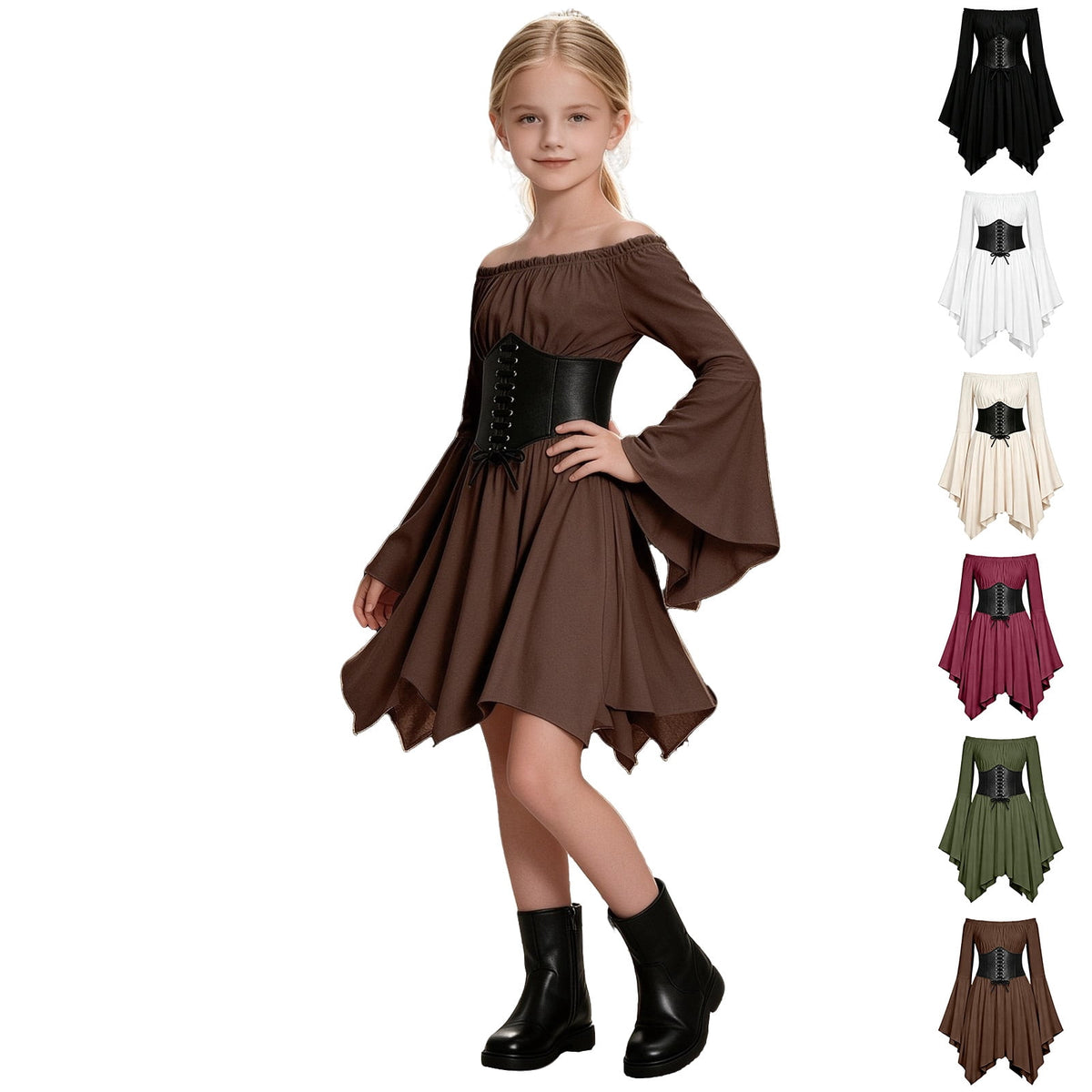 Kids Off the Shoulder Pirate Dresses with Sash Two Piece Set Pirate Costume Halloween Cosplay Halloween Costume Kids Size 4-14 Years