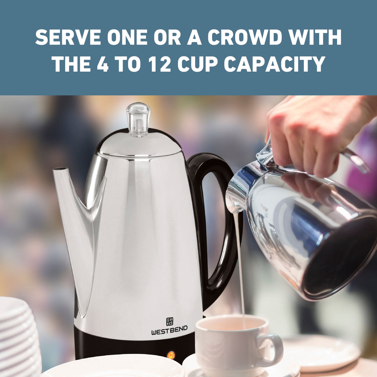 West Bend Classic 12-Cup Coffee Percolator, Cordless Serving, Ready-to-Serve Light, Stainless Steel, in Silver (54159)