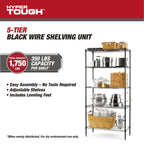 Hyper Tough 5-Tier Wire Storage Shelves, 36 in W x 16 in D x 72 in H, 1750 lb Load Capacity, Black