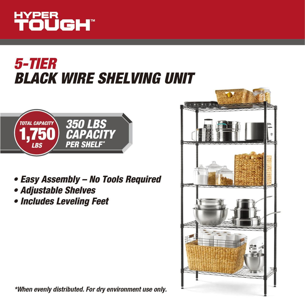 Hyper Tough 5-Tier Wire Storage Shelves, 36 in W x 16 in D x 72 in H, 1750 lb Load Capacity, Black