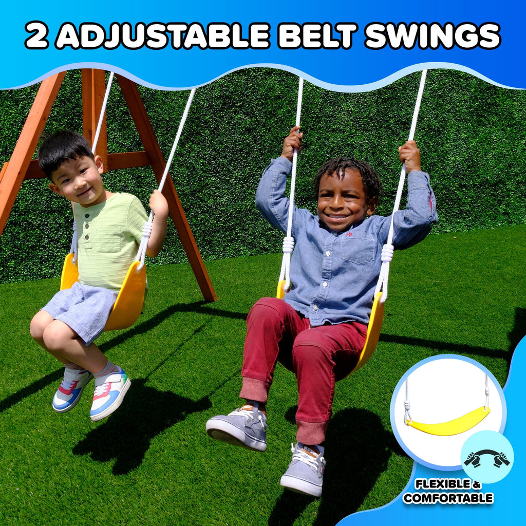 Sportspower™Asher Wooden Swing Set with 2 Belt Swings, Rock Climber, Roofed Play Fort, Heavy Duty Double A-Frame, Lifetime on 6ft Slide & Bonus
