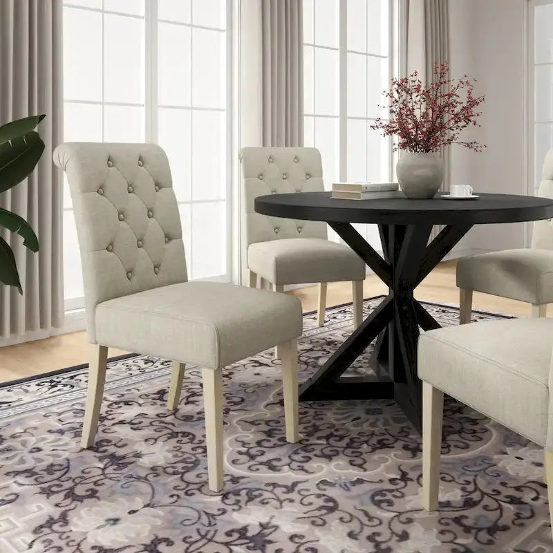 Rustic Wooden 5-Piece Dining Set With Round Cross-Buck Pedestal Table And 4 Tufted Upholstered Chairs - 47.25 x 47.25 x 31.50 in