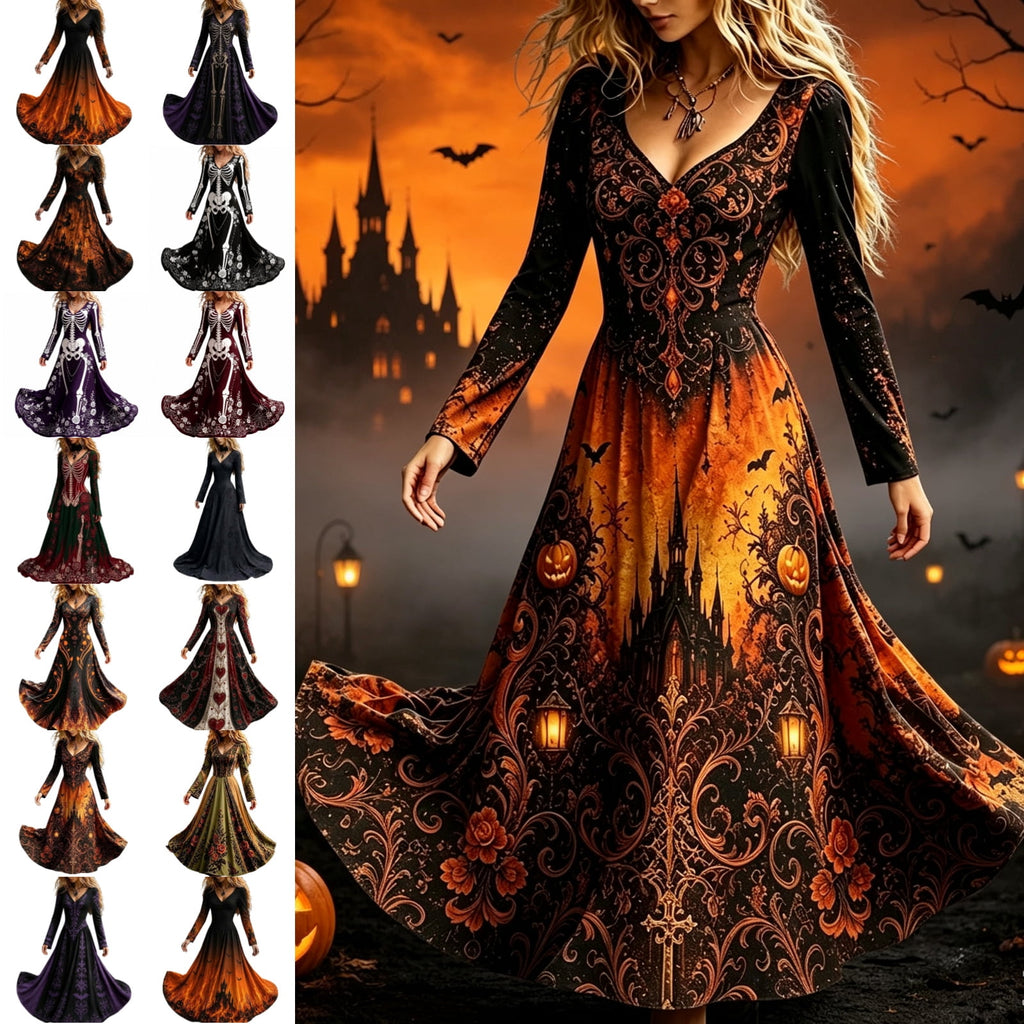 KICILVS Gothic Clothes For Women Black Spiderweb And Spider Print Flowing V Neck Long Maxi Dress Halloween Cosplay Gothic Party Dress