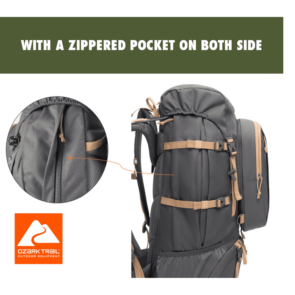 Ozark Trail Adult 60L Hiking Backpack, 420D Hexagon/600D Polyester, Tan and Gray