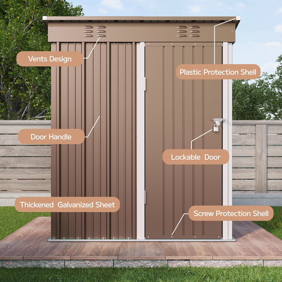 Asofer Outdoor Metal Storage Shed, 5' x 3' ft Lockable Single Door Garden Tool Shed, Brown for Backyard Patio