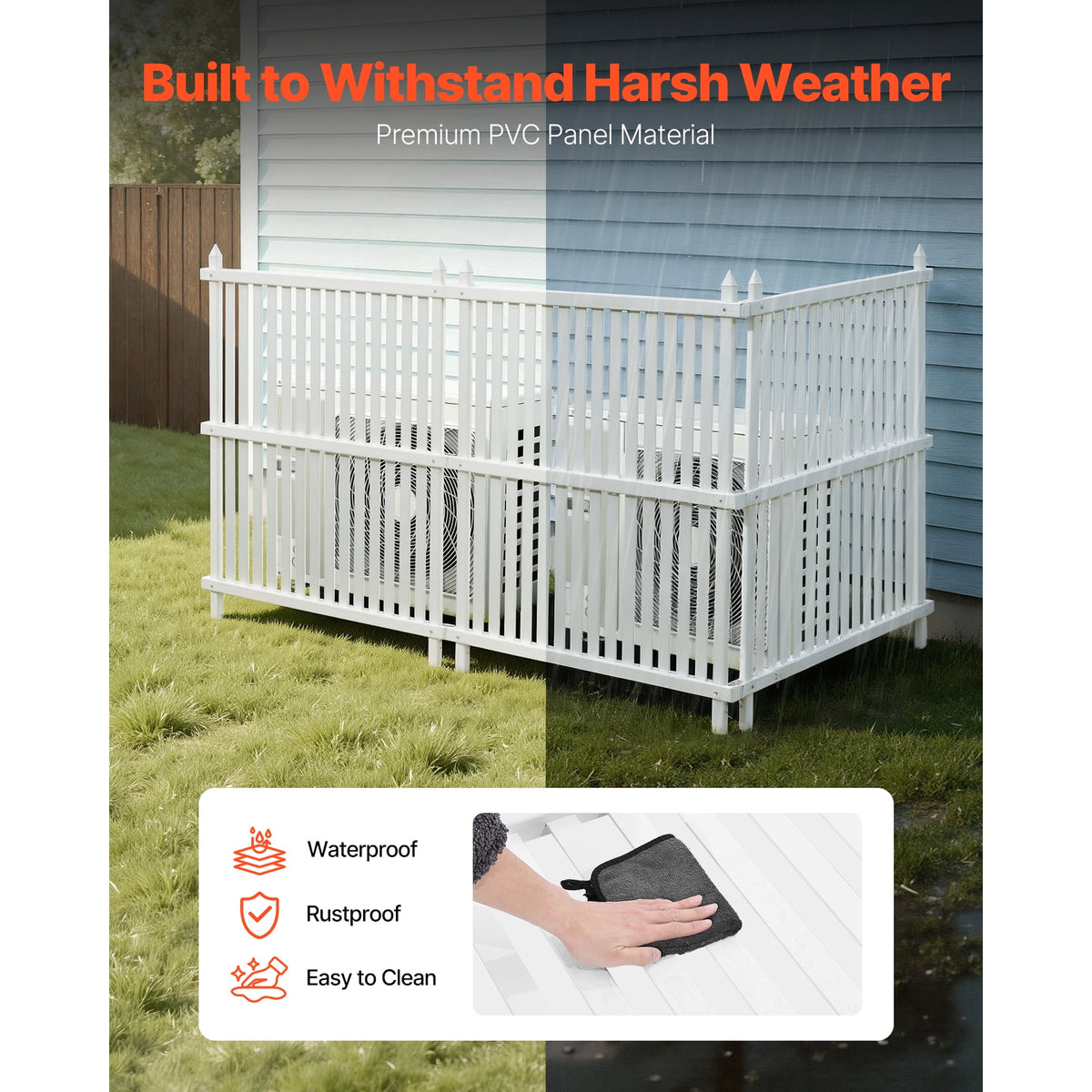 KFFKFF 3-Panel Outdoor Privacy Screen, 36 x 45 in Fence with 19.7 in Ground Stakes, Vinyl Privacy Enclosure for Pool Equipment, Trash Cans, and A/C