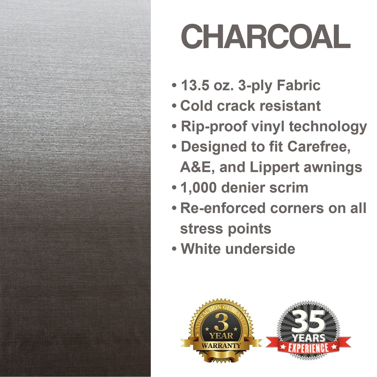 Shadepro RV Awning Replacement 15' Charcoal Fade Fabric length 14'2"