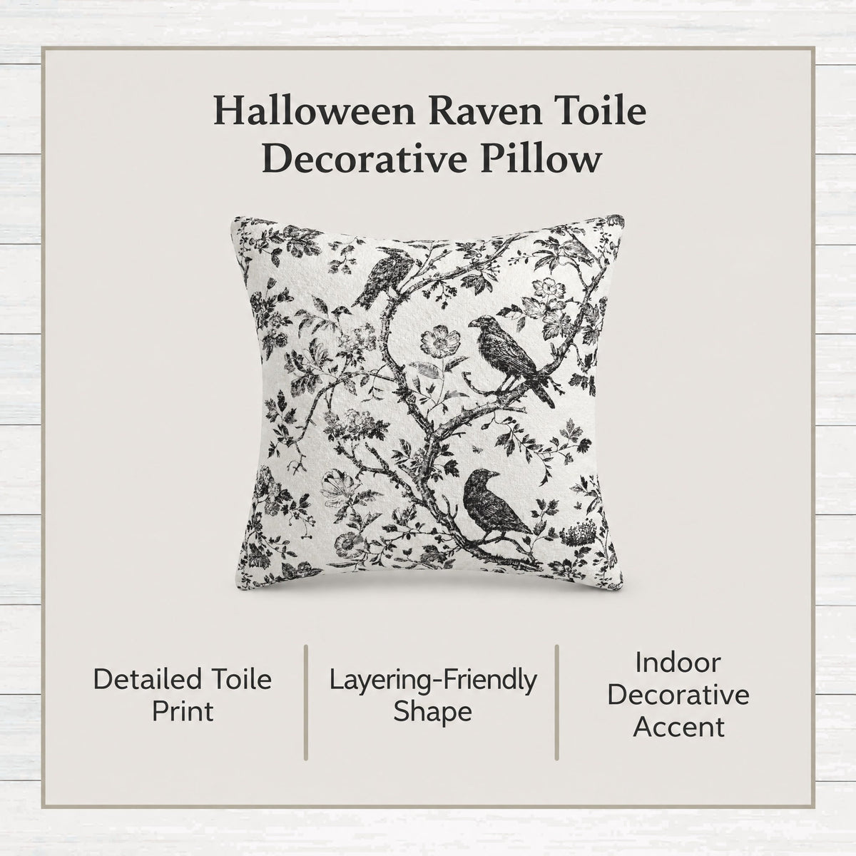 My Texas House Halloween Raven Toile Decorative Pillow, Ivory and Black, 20" x 20"
