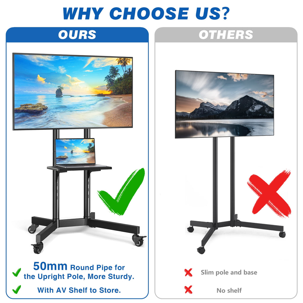 RTVR Modern Rolling TV Cart Stand on Wheels for 32-85 inch TVs, Black Swivel Mount Mobile Base Stand up to 150 lbs