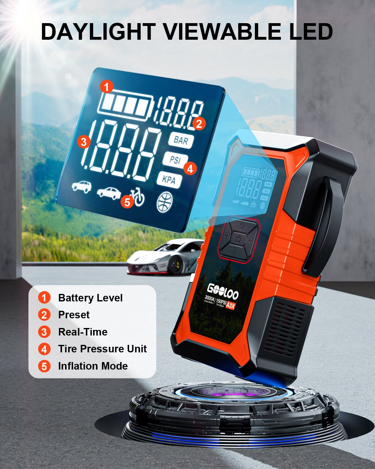 GOOLOO A3X 3000A Supersafe Jump Starter with Air Compressor, Portable Car Battery Booster (9.0 Gas/6.5L Diesel) with 150PSI Auto-Shutoff Tire Inflator