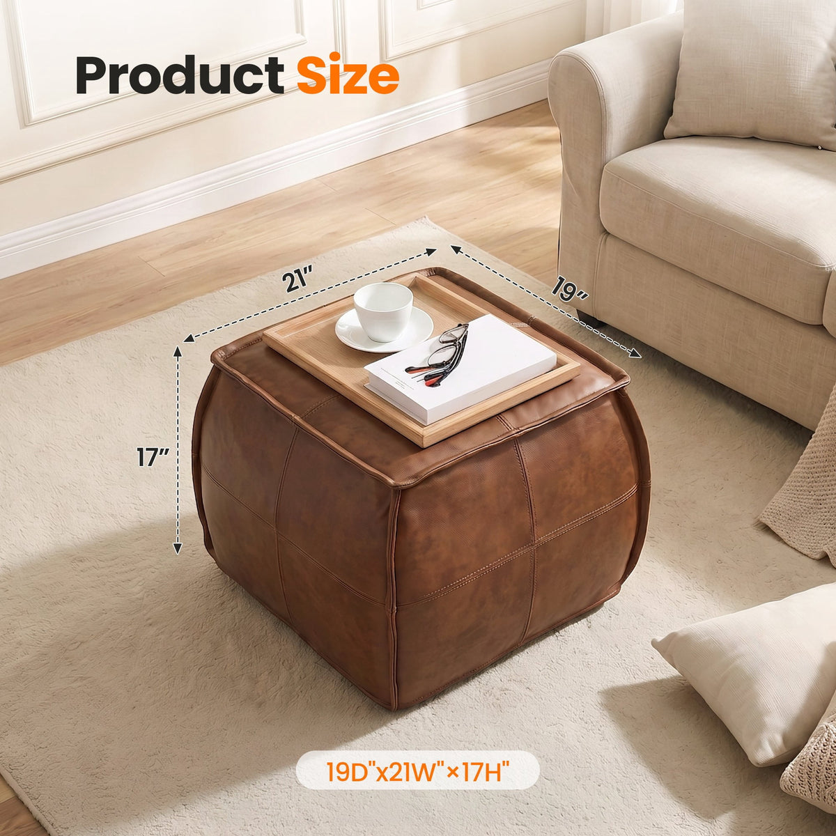 Poshby Genuine Leather Pouf Ottoman with Handmade Stuffed Foot Stool for Living Room&Bedroom, Brown