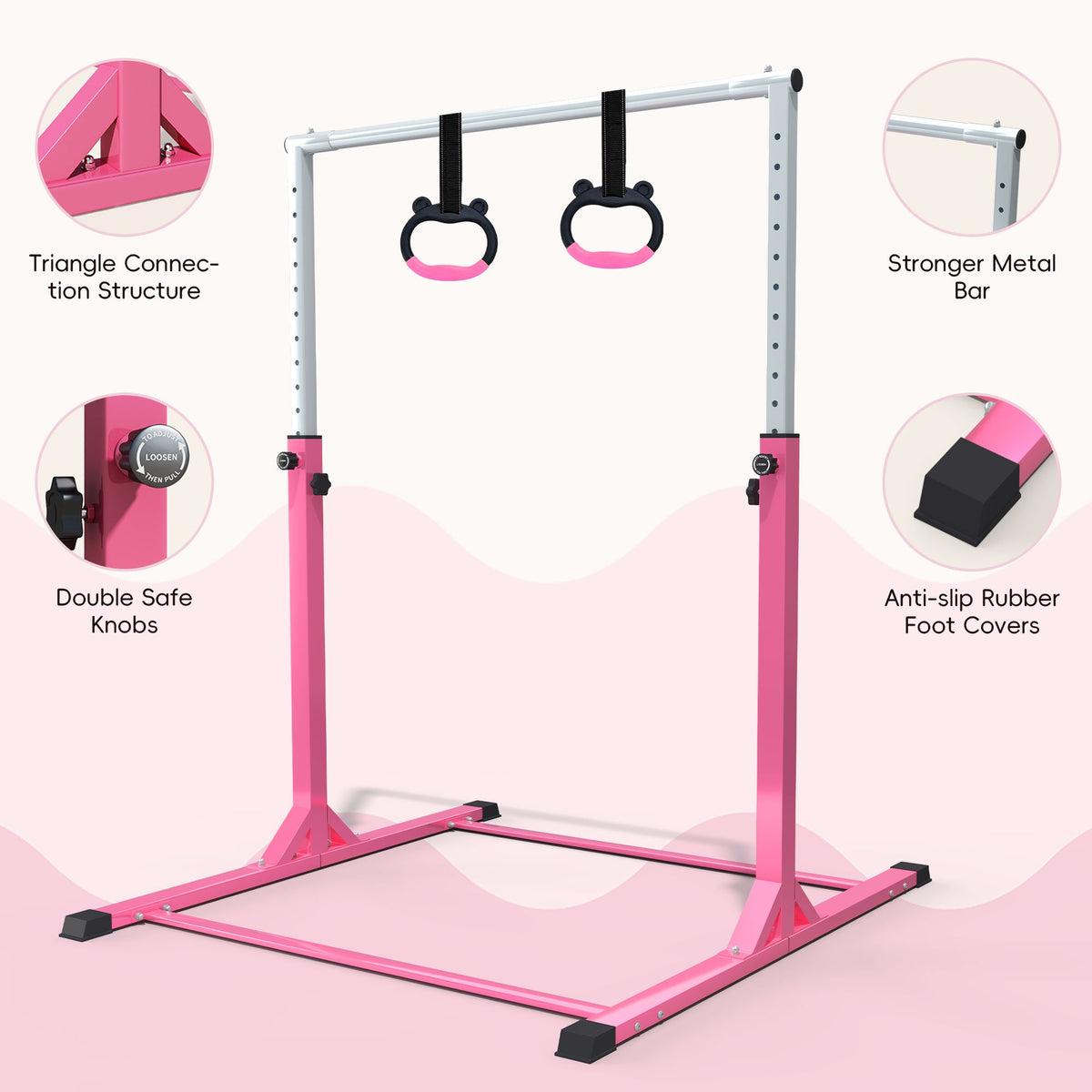 Ainfox Adjustable Kids Gymnastics Kip Bar with Pull Rings for Kids Ages 5-15 Gym Training,Pink