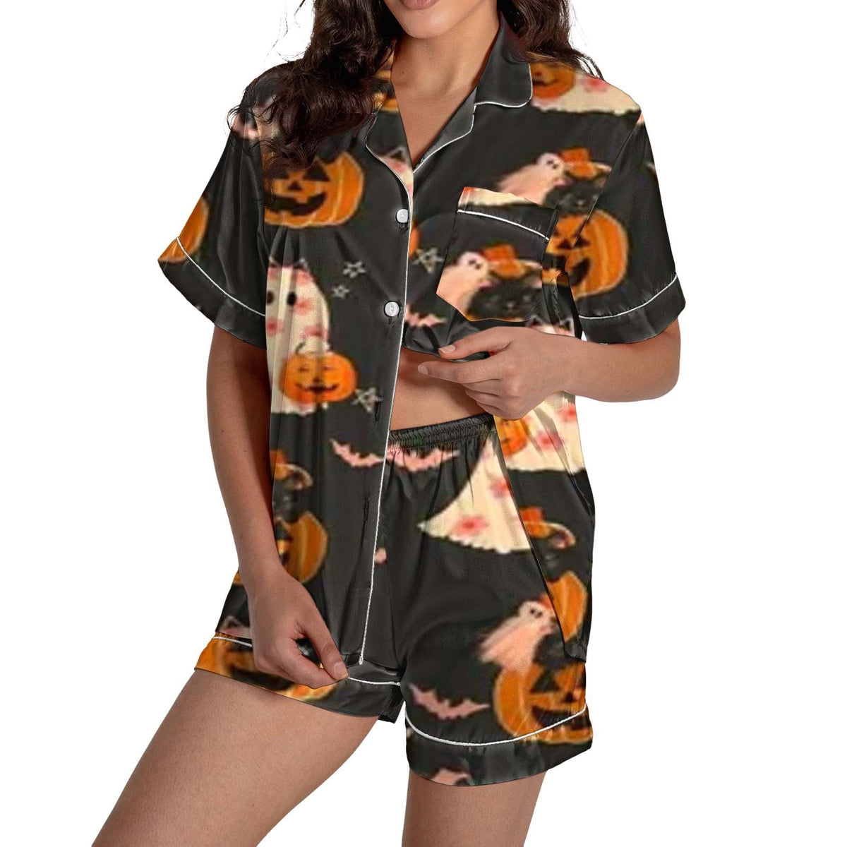 ChenYiFH Halloween Pajama Sets For Women 2 Piece Pumpkin Print Shirts And Pajamas Shorts Button Down Short Sleeve Sleepwear Black S