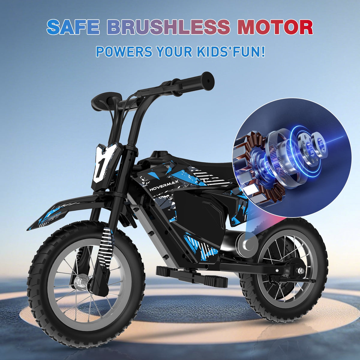 HOVERMAX Electric Dirt Bike for Kids, 150W Motor, Max Speed 10 MPH, Ages 3-7, 14.4V Ride-On Toy with 12" Rubber Wheels