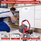 50Ft x 5/16 Inch Drain Cleaner Machine, Professional Electric Drain Auger for 3/4-3 Inch Pipes, Foot Switch with 6 Cutters, Gloves, Drain Auger