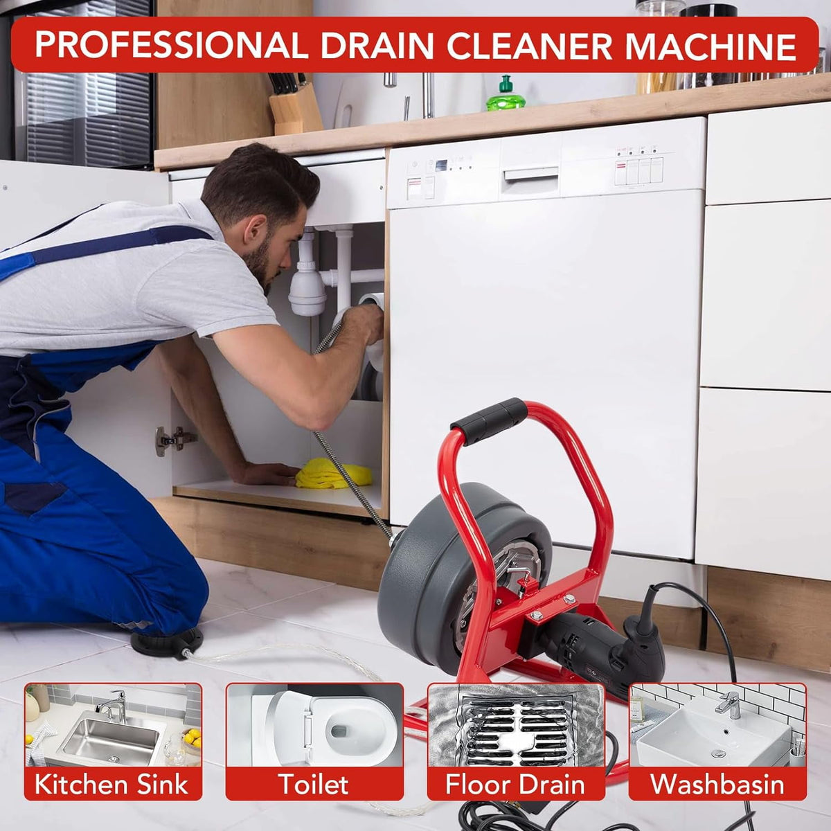 50Ft x 5/16 Inch Drain Cleaner Machine, Professional Electric Drain Auger for 3/4-3 Inch Pipes, Foot Switch with 6 Cutters, Gloves, Drain Auger