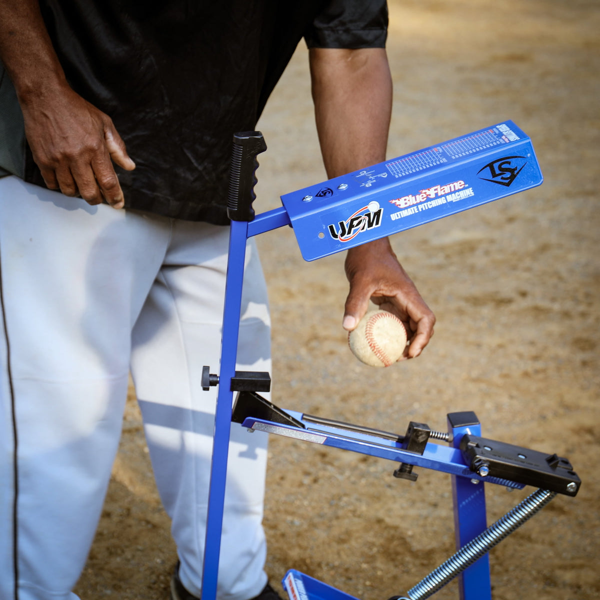 Louisville Slugger Blue Flame Pitching Machine – Manual Baseball & Softball Trainer, Throws Up to 60 MPH, Youth & Adult Practice Tool