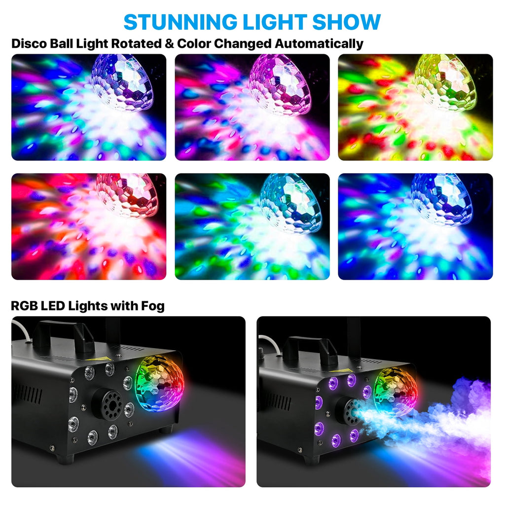 Yexmas 600W Fog Machine with Disco Ball & 8 RGB LED Lights – 2000CFM and Remote Control for Parties, Weddings, Halloween & DJ Events