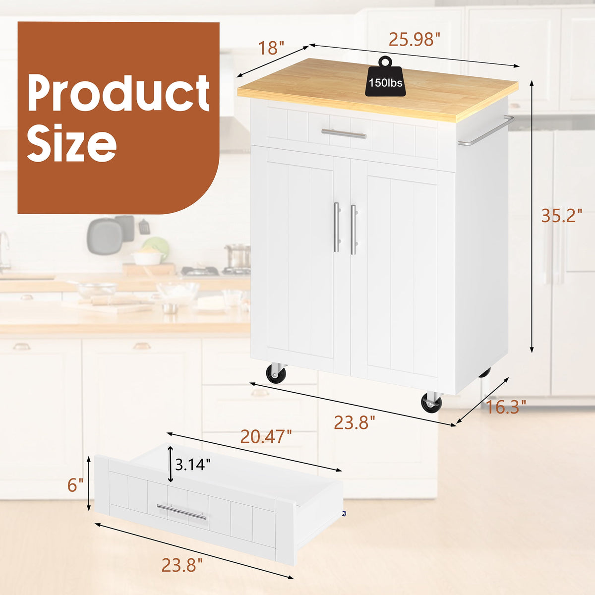 Walsunny Kitchen Island Table Stand with Storage on Wheels,Rolling Kitchen Cart Storage Cabinet with Drawer,White