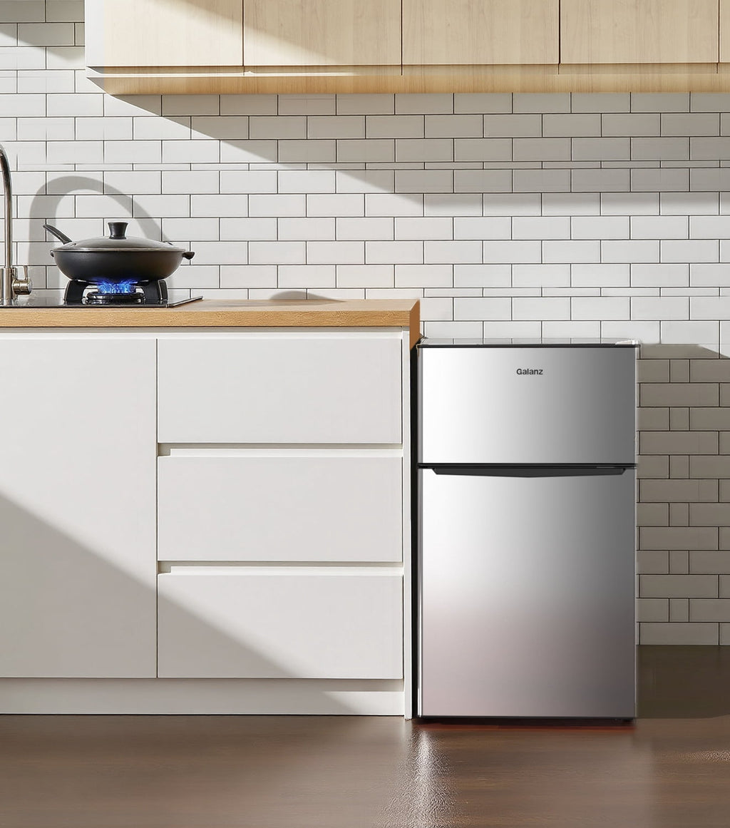 Galanz 3.1 Cu Ft Two Door Mini Fridge With Freezer Stainless Steel - Energy star certified, compact and efficient for dorms, offices, and small spaces