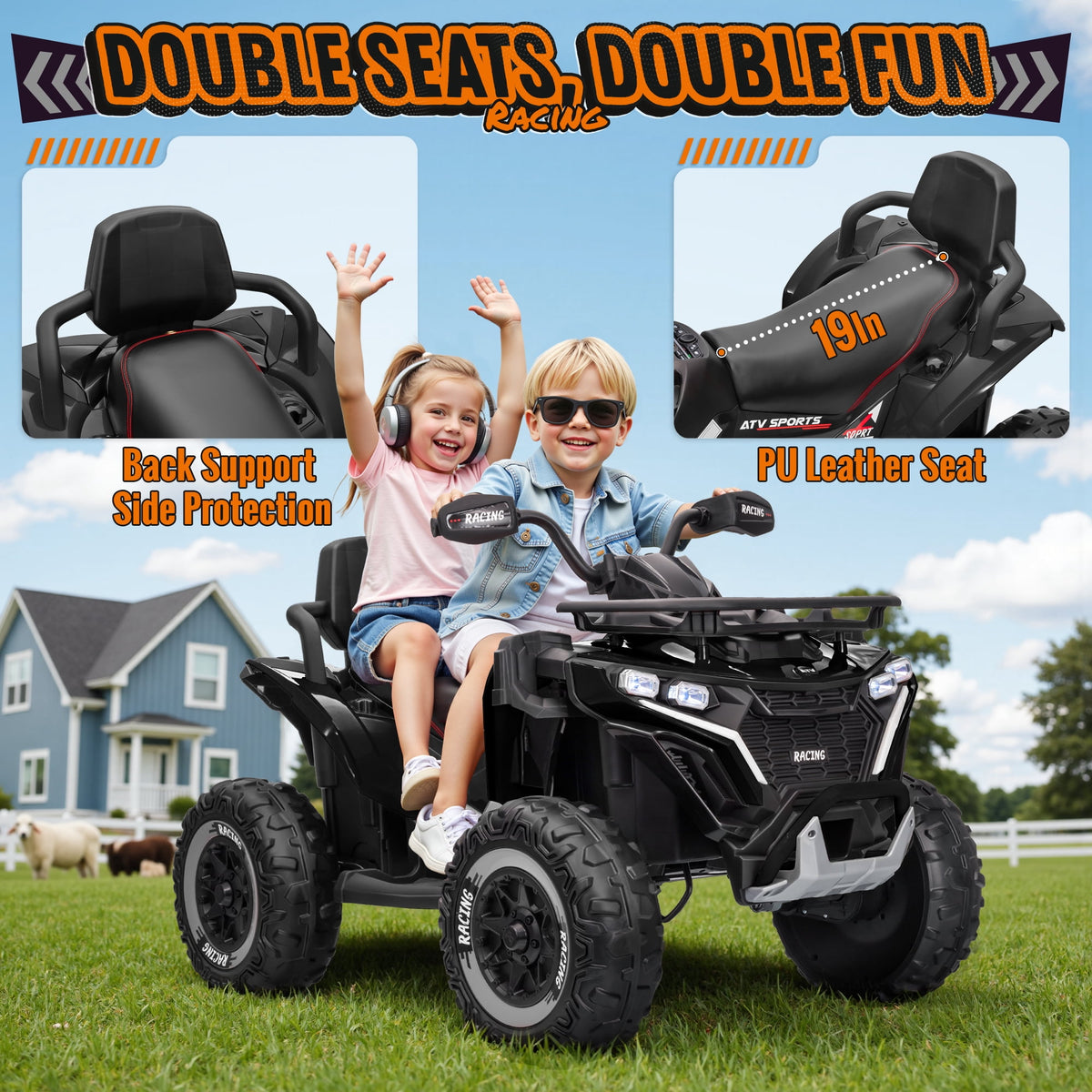 Joyracer ATV for Kids, 24 Volt Ride on Toys, 800W 4 Wheeler with 2 XL Seater, EVA Tires Power Car Wheels with Remote, Knee Pad, Music, Bluetooth, USB