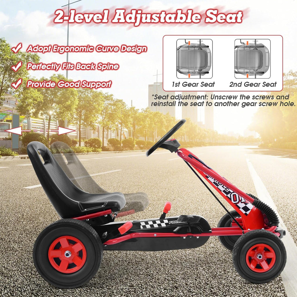 HONEY JOY Go Kart for Kids, 4 Wheel Quad Off-Road Pedal On Foot Go Cart w/Steering Wheels & Adjustable Seat, 2 Safety Brakes, EVA Tires, Clutch