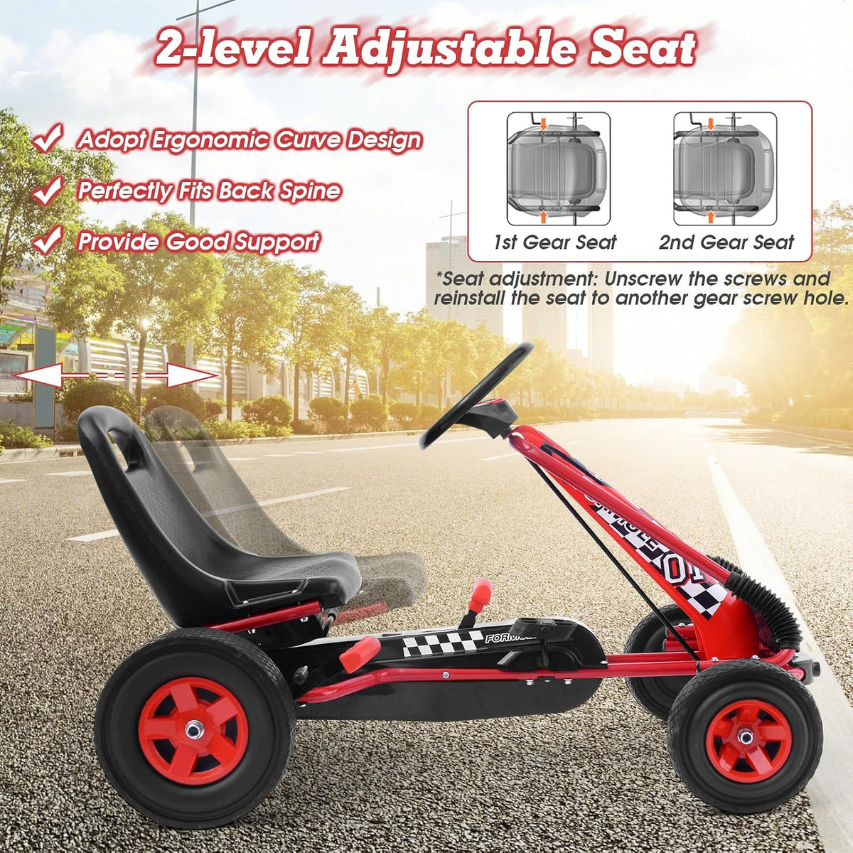 HONEY JOY Go Kart for Kids, 4 Wheel Quad Off-Road Pedal On Foot Go Cart w/Steering Wheels & Adjustable Seat, 2 Safety Brakes, EVA Tires, Clutch