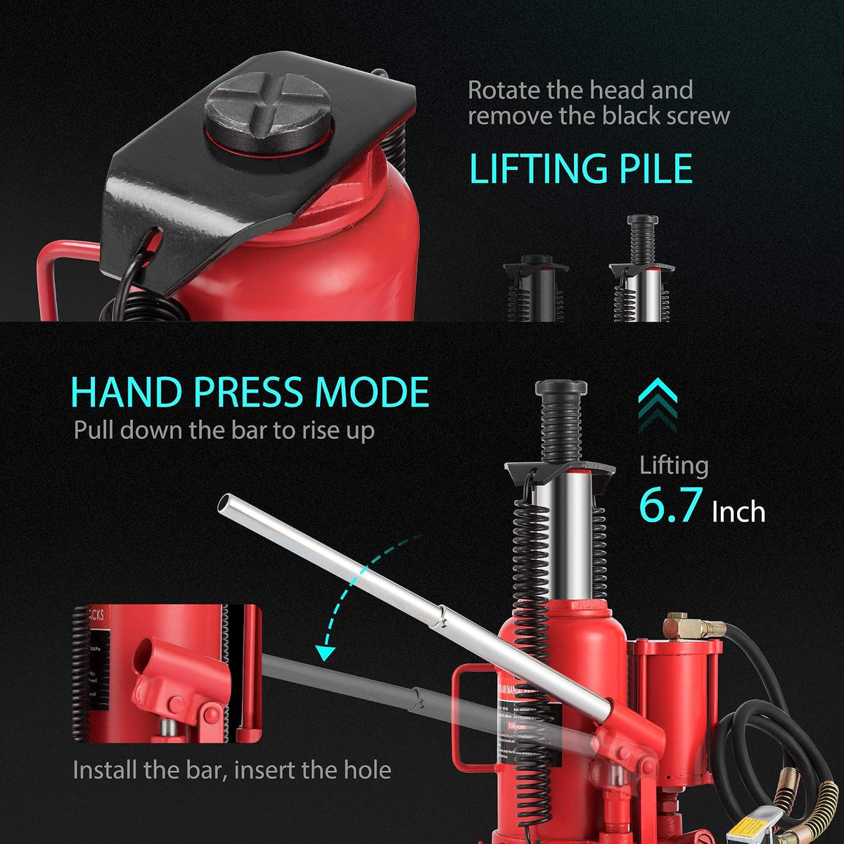 SPECSTAR 20 Ton Pneumatic Air Hydraulic Bottle Jack with Manual Hand Pump