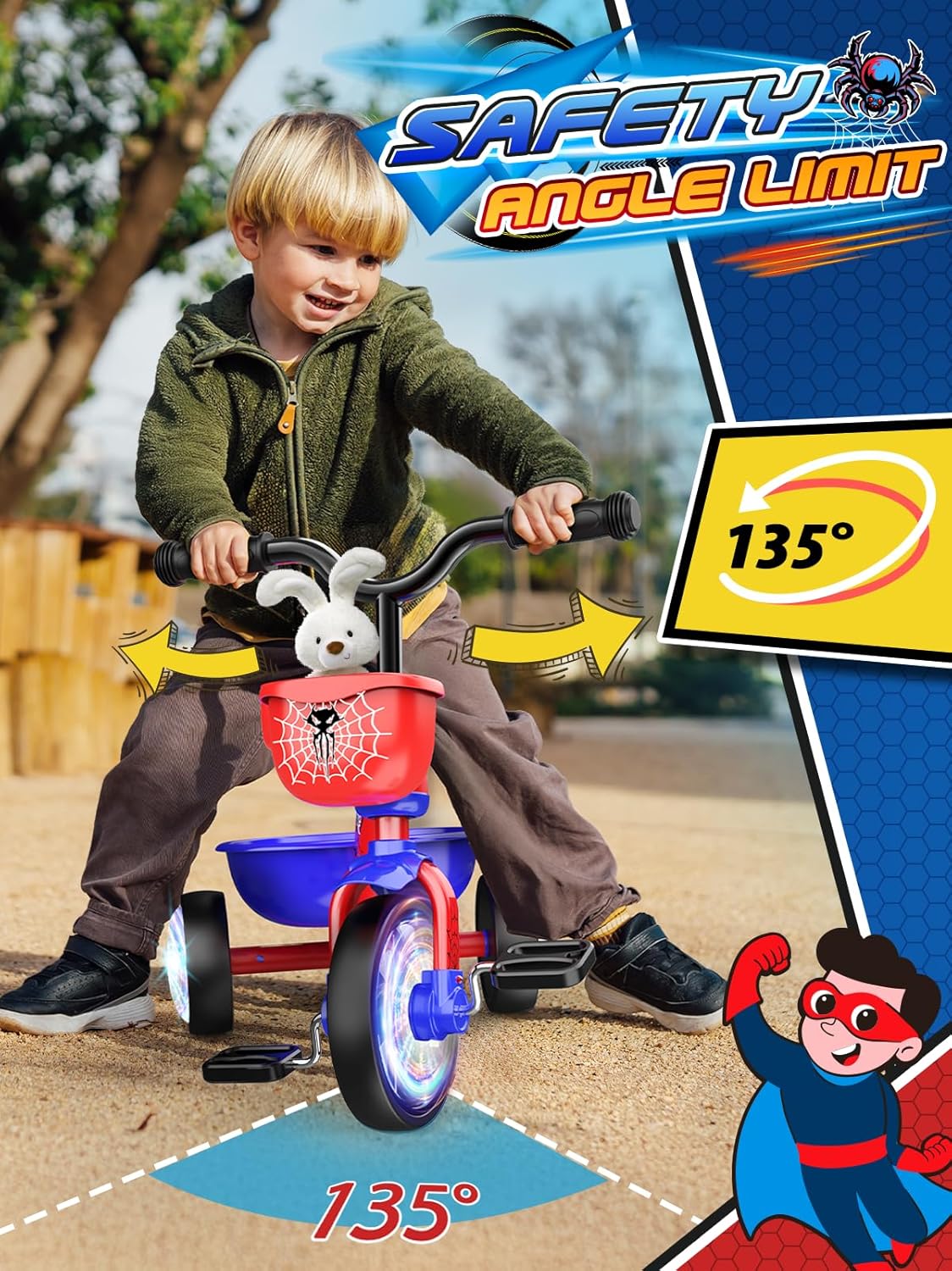 Tricycle for Toddlers 1-3 3-5 Year Olds, Spider Toddler Bike Baby Balance Bike with Colorful Lighting Wheels & Large Basket, Birthday Gift and Toy