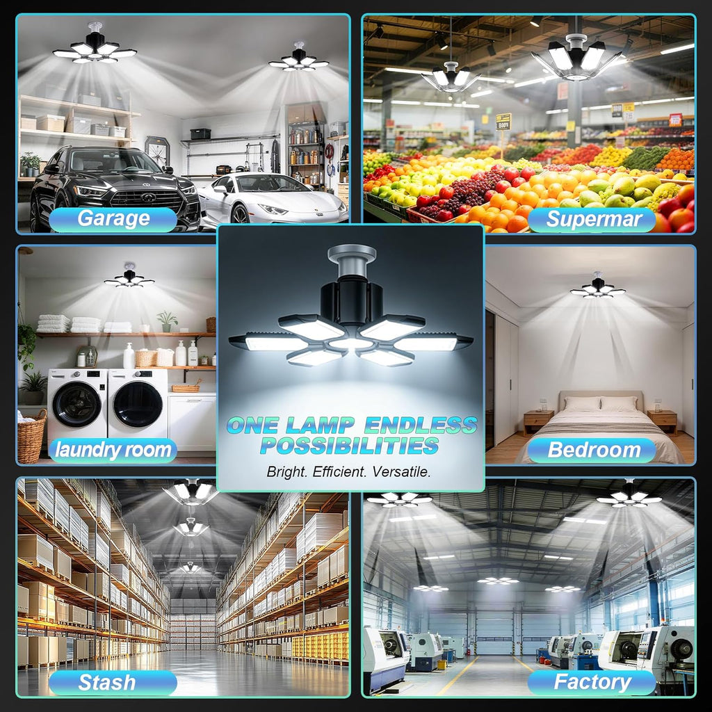 Led Garage Lights Bulb 6 Pack 200W Super Bright Ceiling Led Shop Lights, E26/E27 Base, 6500K, 20000LM Deformable Led Garage Light for Basement, Attic