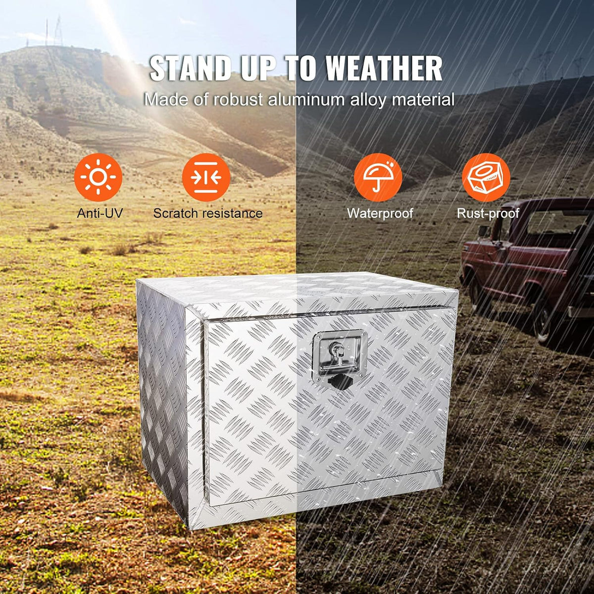 VEVOR Underbody Truck Box, 24"×14"×16" Pickup Storage Box, Heavy Duty Aluminum Diamond Plate Tool Box with Lock and Keys, Waterproof Trailer Storage
