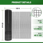 Black Hardware Cloth 1/2 Inch 48" x 100' 19 Gauge, PVC Coating Wire Fence Rolls Vinyl Coated Welded Chicken Wire Mesh for Poultry Netting Cage Fence