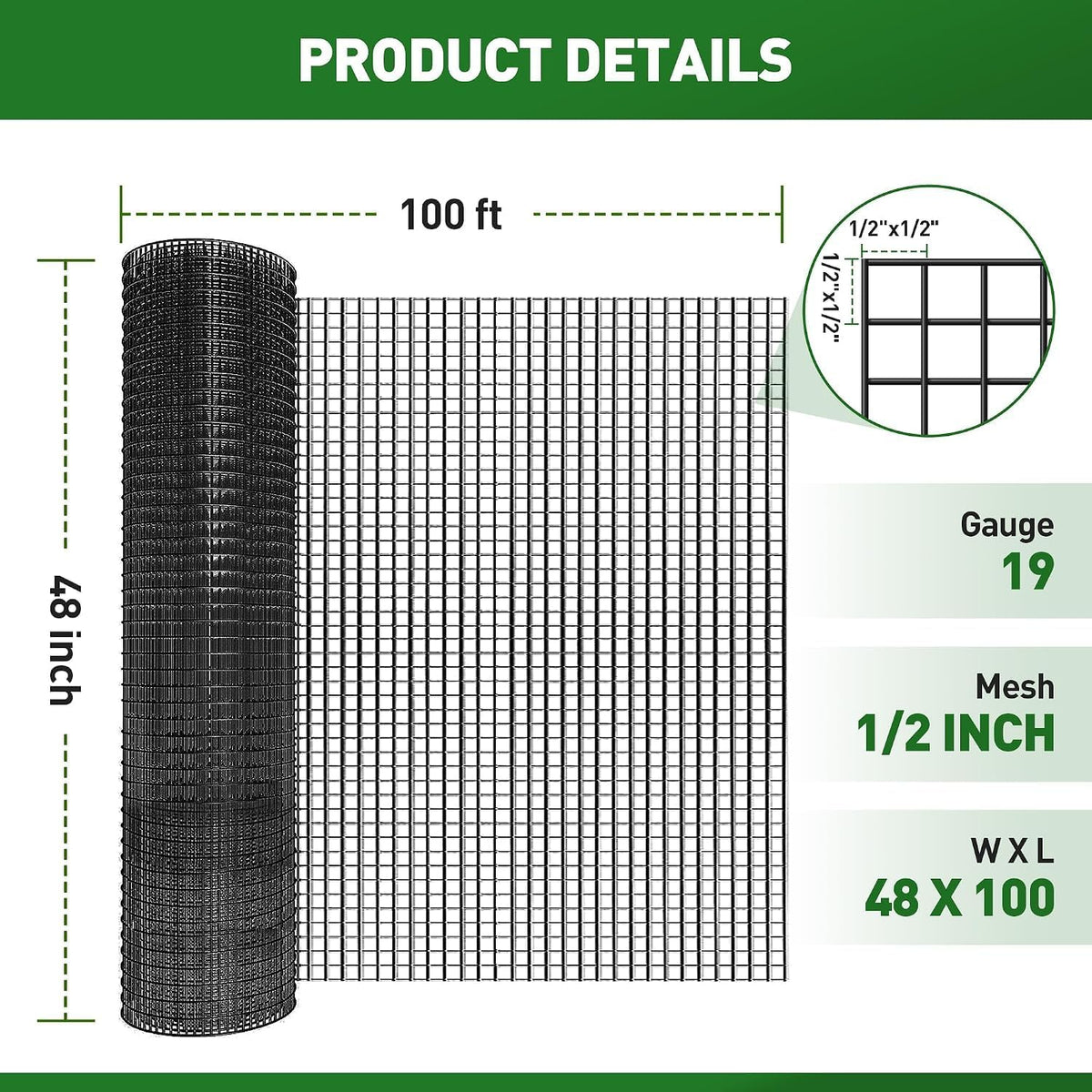 Black Hardware Cloth 1/2 Inch 48" x 100' 19 Gauge, PVC Coating Wire Fence Rolls Vinyl Coated Welded Chicken Wire Mesh for Poultry Netting Cage Fence