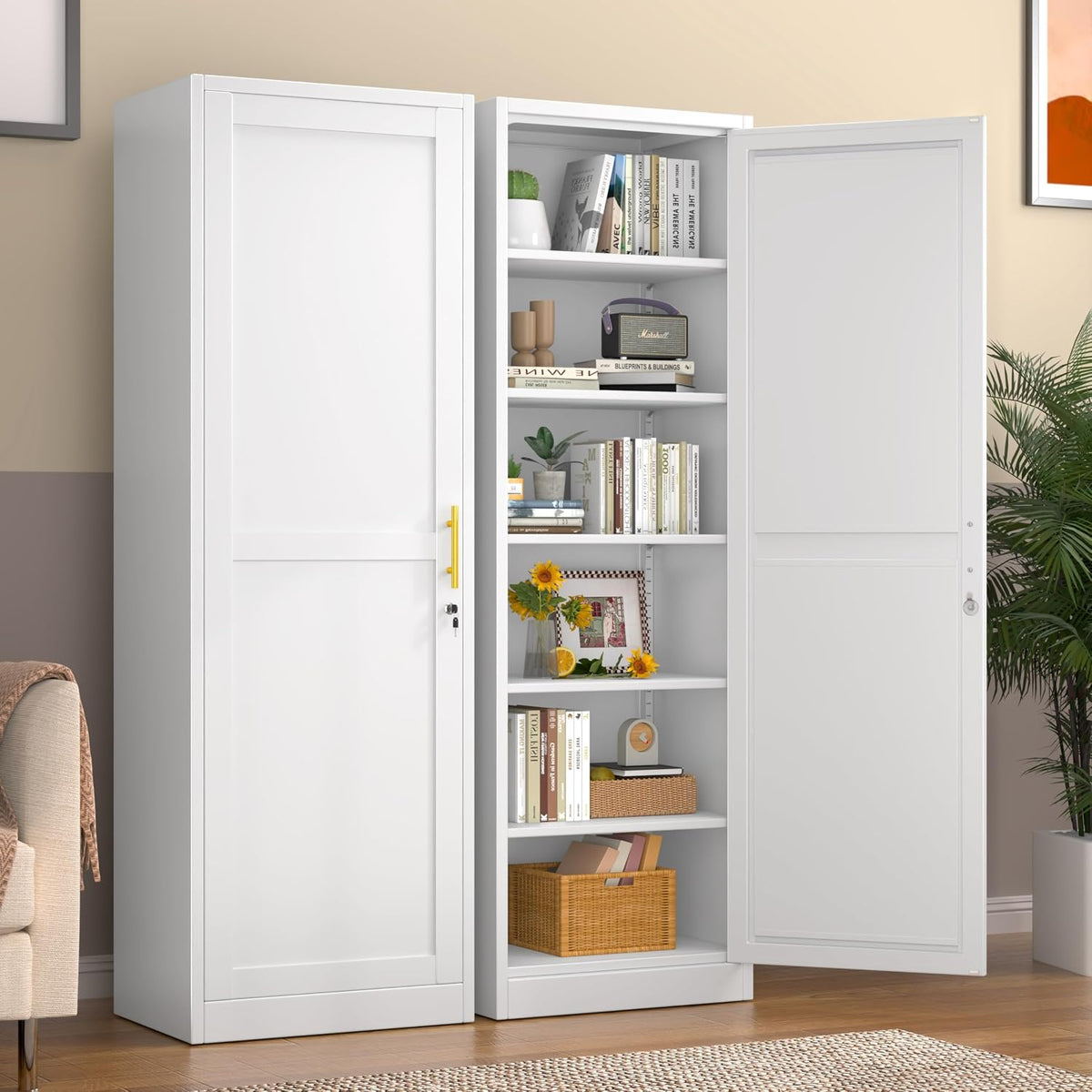 Tall Metal Narrow Bathroom Storage Locker Cabinet 67" H, White Kitchen Pantry Cabinets,File Cabinet Organizer with 5 Adjustable Shelves and Lockable
