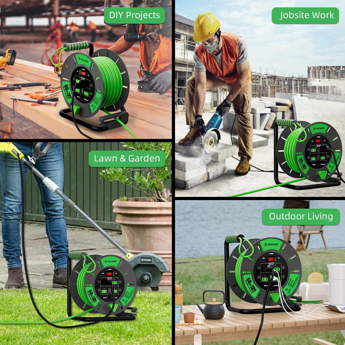 60 FT Retractable Extension Cord Reel, 14AWG SJTOW Heavy Duty Power Cord with 4 Grounded Outlets, USB-A & USB-C Ports, 13A Circuit Breaker, Hand