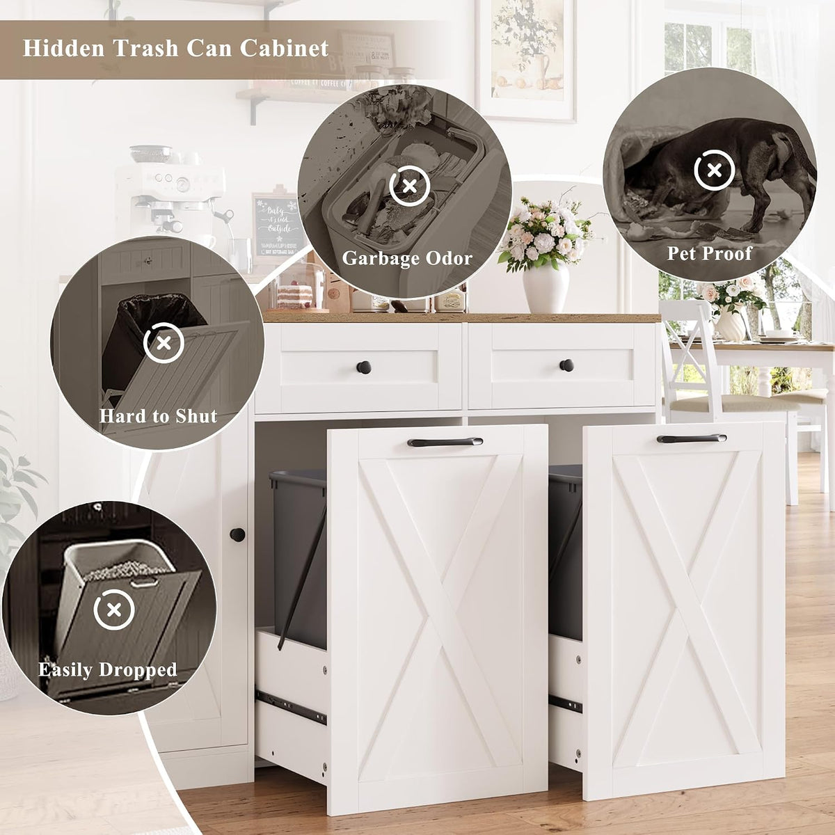 HOSTACK 12.5 Gallon Trash Can Cabinet, 47"W Dual Garbage Can Cabinet, White