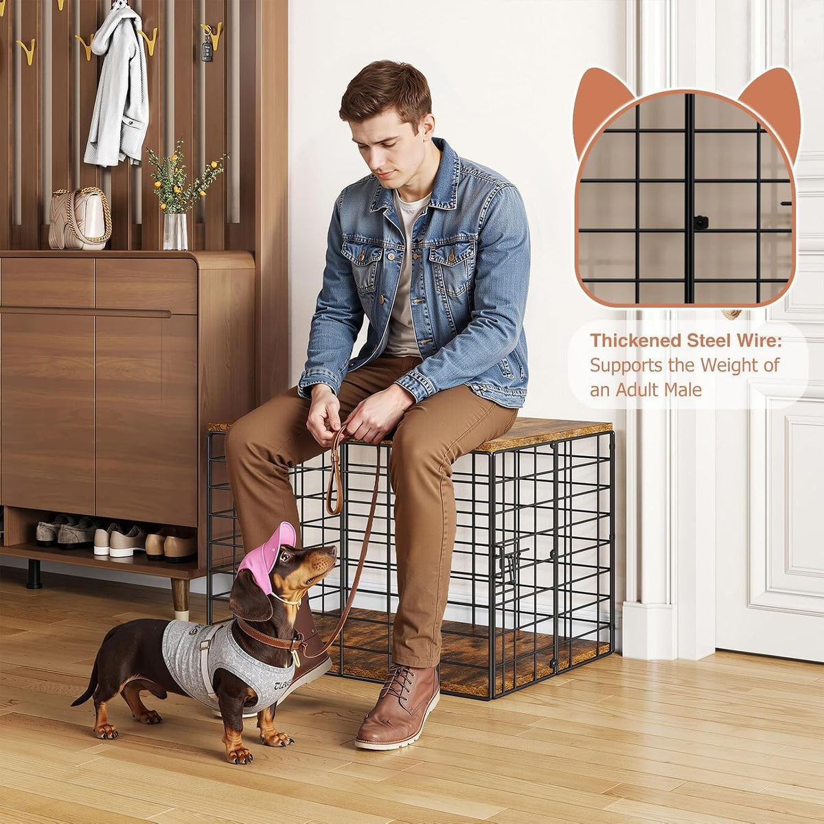 24 Inch Small Dog Crate Furniture - All-Season Indoor Dog Kennel with Wooden Top & Thickened Metal Wire, Cage for Small Dogs & Puppies Under 20 lbs.