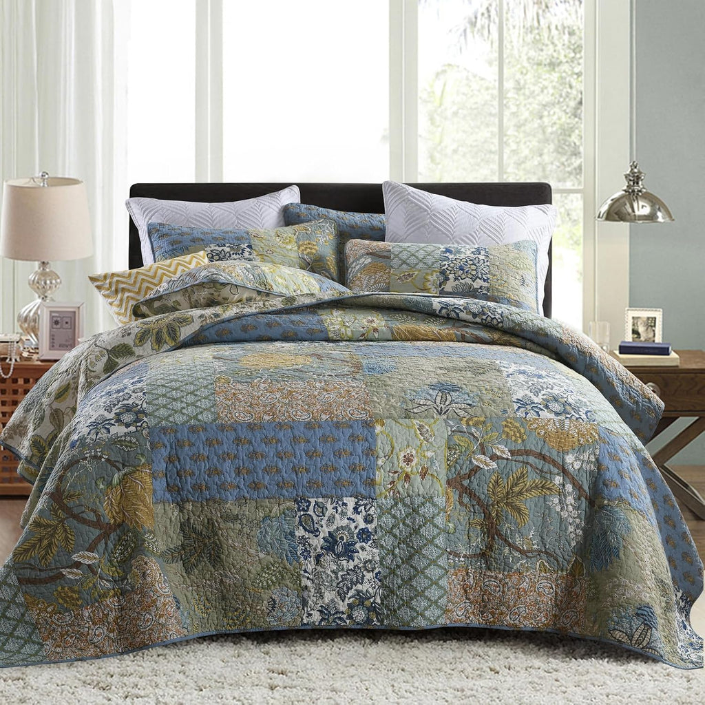 King Size Comforter Set- 100% Cotton Quilt King Size Set, Green, Sage bedspreads (96 * 108 Inch) with 2 Pillow Shams, Patchwork Reversible