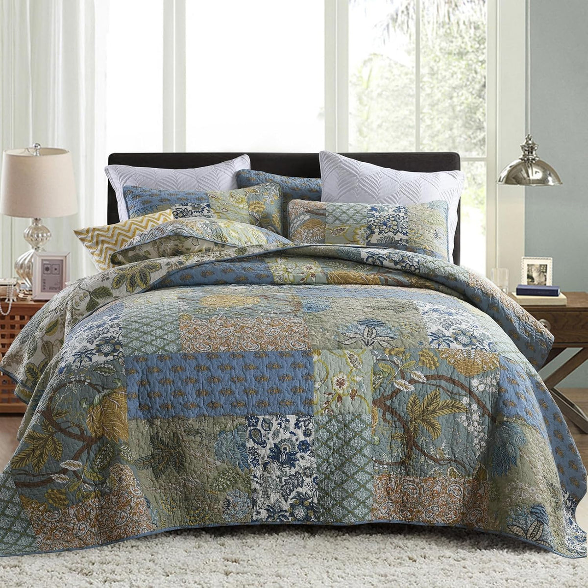 King Size Comforter Set- 100% Cotton Quilt King Size Set, Green, Sage bedspreads (96 * 108 Inch) with 2 Pillow Shams, Patchwork Reversible