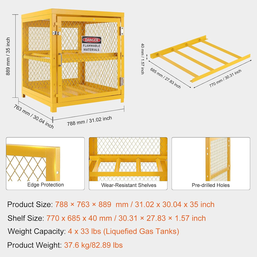 VEVOR Horizontal Cylinder Storage Cabinet, 4 Cylinder Capacity, 31x30x35 inch Propane Storage Cage, Gas Cylinder Cabinet with Yellow Powder Coat