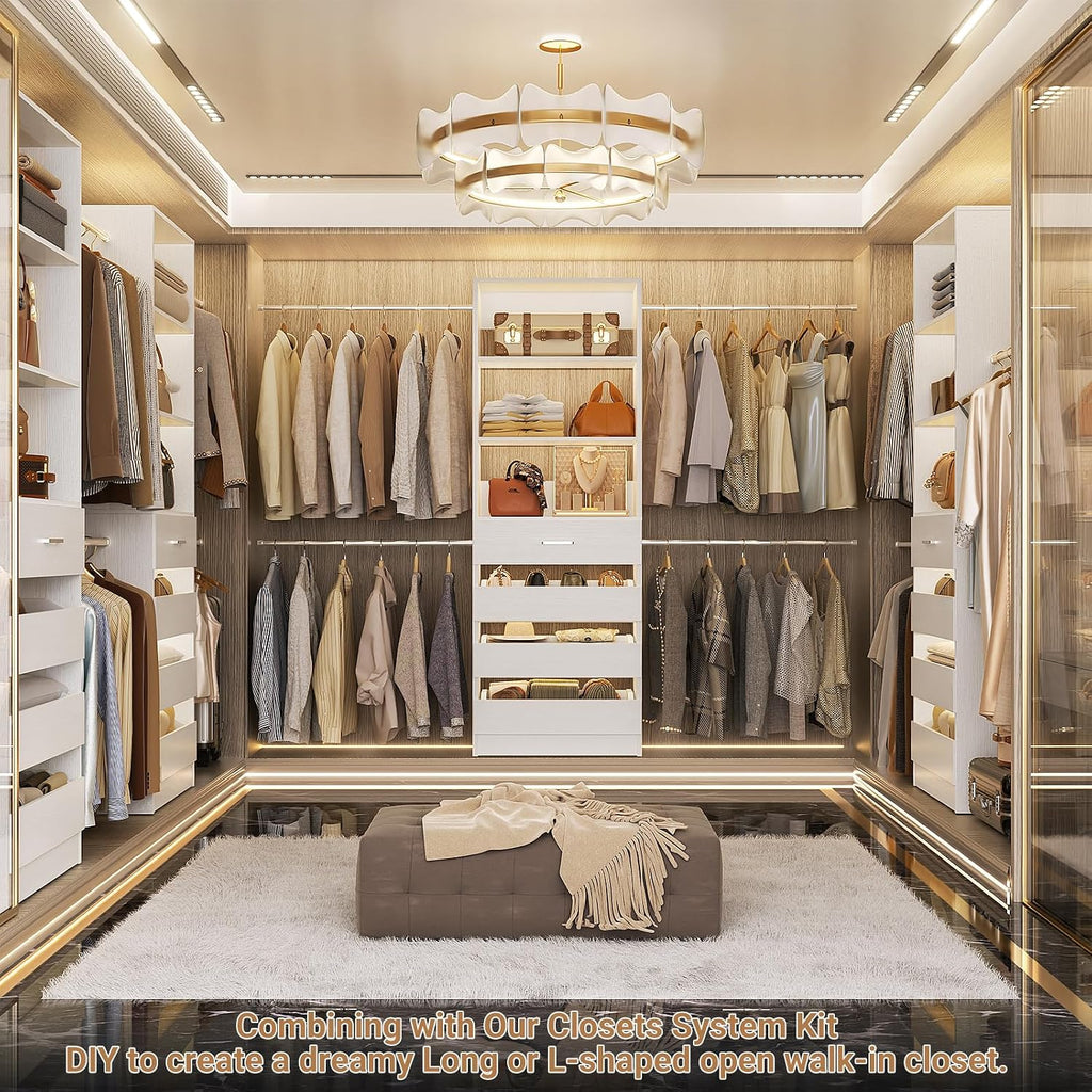 Aheaplus Closet System, 4-9Ft Closet Organizer with 4 Wooden Drawers, White