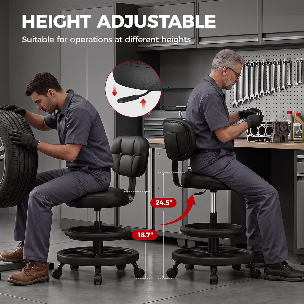 Upgrade Rolling Shop Stool with Wheels for Garage, Adjustable Height Heavy Duty Garage Stool with Double Storage Tray, Mechanic Stool Chair with