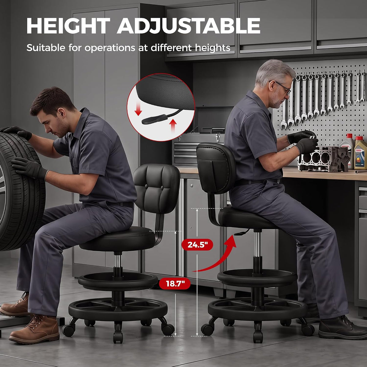 Upgrade Rolling Shop Stool with Wheels for Garage, Adjustable Height Heavy Duty Garage Stool with Double Storage Tray, Mechanic Stool Chair with
