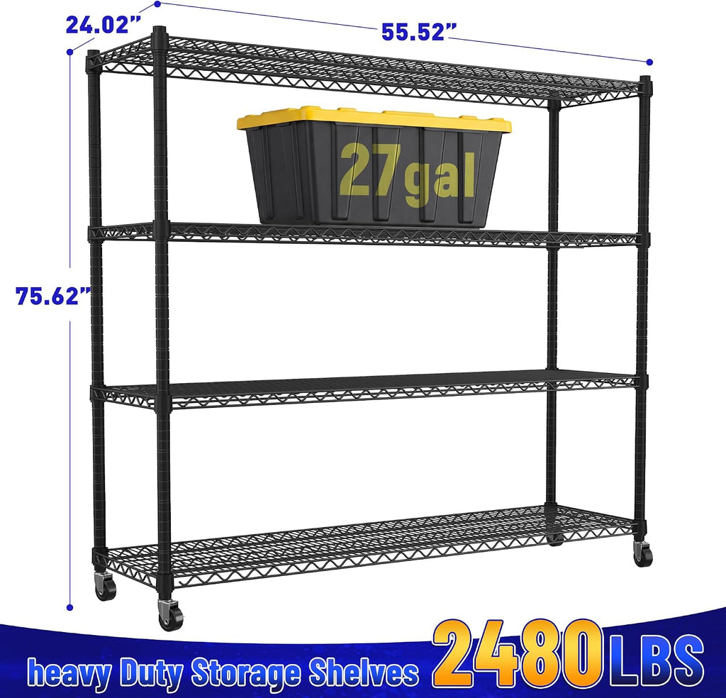 REIBII 4-Tier Heavy Duty Shelving with Wheels, 2480LBS Storage Shelf Rack